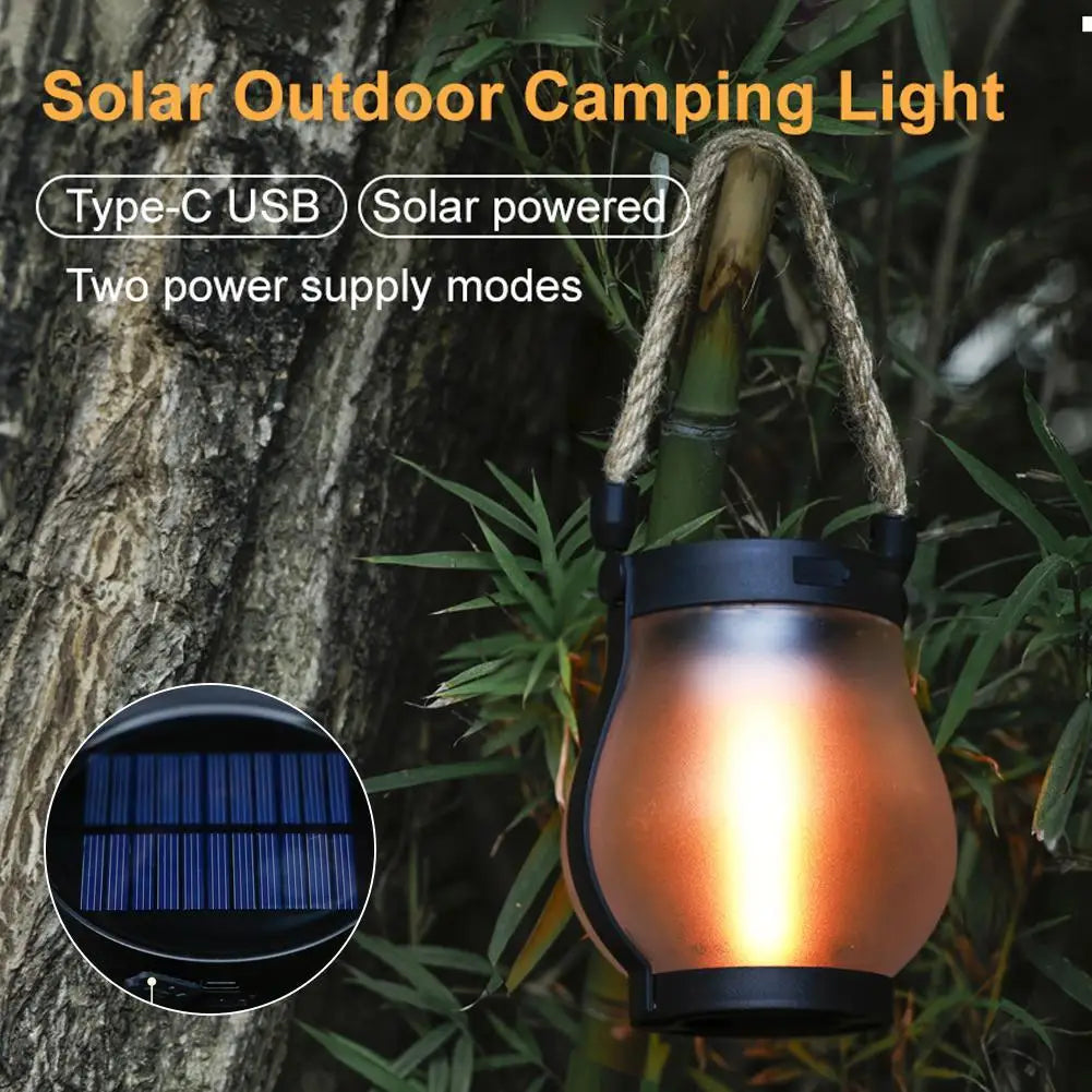 Rechargeable Solar Flame Lamp - Hanging Garden Lantern with Hemp Rope for Outdoor Decoration and Camping