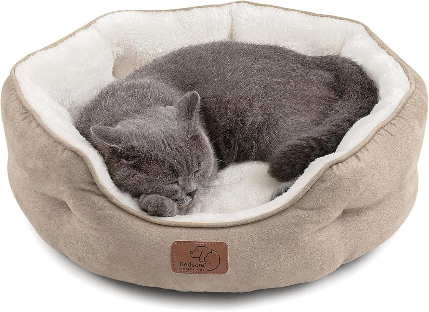 Small Dog Beds and Round Cat Beds for Indoor Use, Washable Pet Bed for Puppies and Kittens with Slip-Resistant Bottom, 20 Inches, Camel