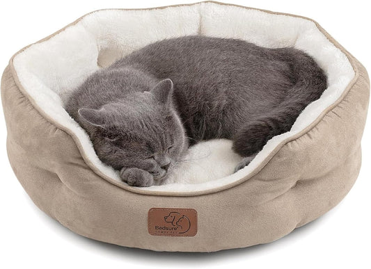 Small Dog Beds and Round Cat Beds for Indoor Use, Washable Pet Bed for Puppies and Kittens with Slip-Resistant Bottom, 20 Inches, Camel