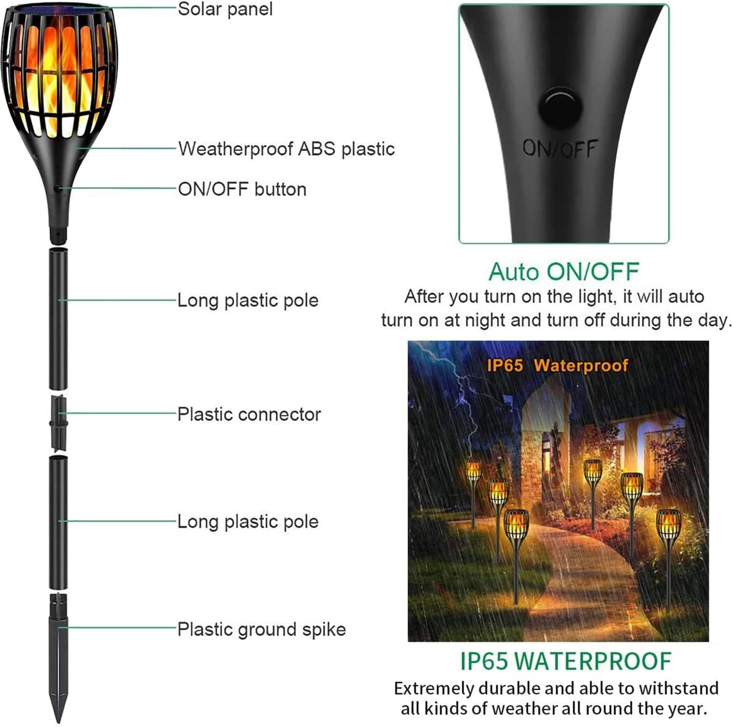 Outdoor Solar Torch Lights, 43" Flickering Flame Design, Waterproof Landscape Lighting with Dusk to Dawn Auto On/Off Feature, Ideal for Yard, Patio, and Driveway, 4-Pack