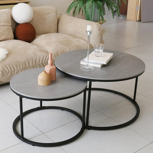 Contemporary Grey Marble Top Nesting Coffee Table Set with Sintered Stone and Metal Legs