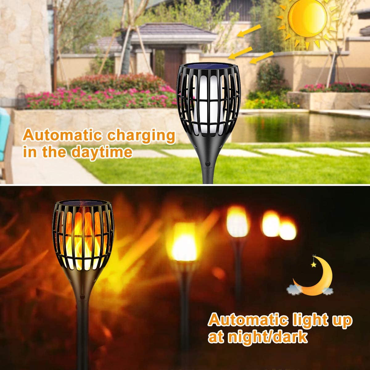 Outdoor Solar Torch Lights, 43" Flickering Flame Design, Waterproof Landscape Lighting with Dusk to Dawn Auto On/Off Feature, Ideal for Yard, Patio, and Driveway, 4-Pack