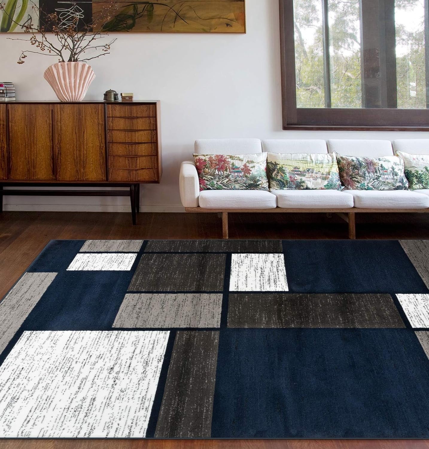 Modern Geometric Navy Area Rug, Fade-Resistant Carpet for Large Living Spaces, 10' x 14