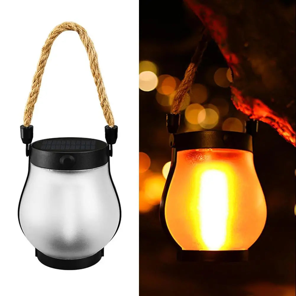 Rechargeable Solar Flame Lamp - Hanging Garden Lantern with Hemp Rope for Outdoor Decoration and Camping