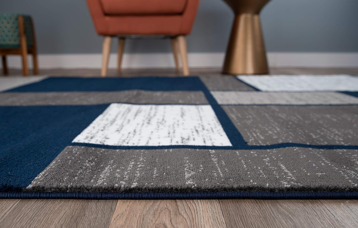 Modern Geometric Navy Area Rug, Fade-Resistant Carpet for Large Living Spaces, 10' x 14