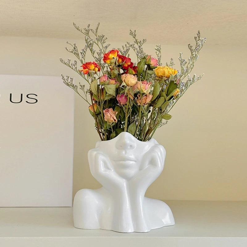 White Vinyl Face Vase - Modern Nordic Decorative Flower Vase for Home, Living Room, Office, and Bookshelf Decor