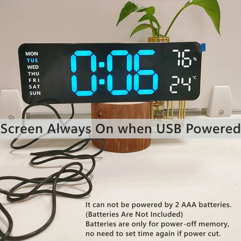 USB-Powered 9-Inch Digital Wall Clock with Temperature and Humidity Display, Auto Dimmer, and Dual Alarm Functionality (12/24 Hour Format)