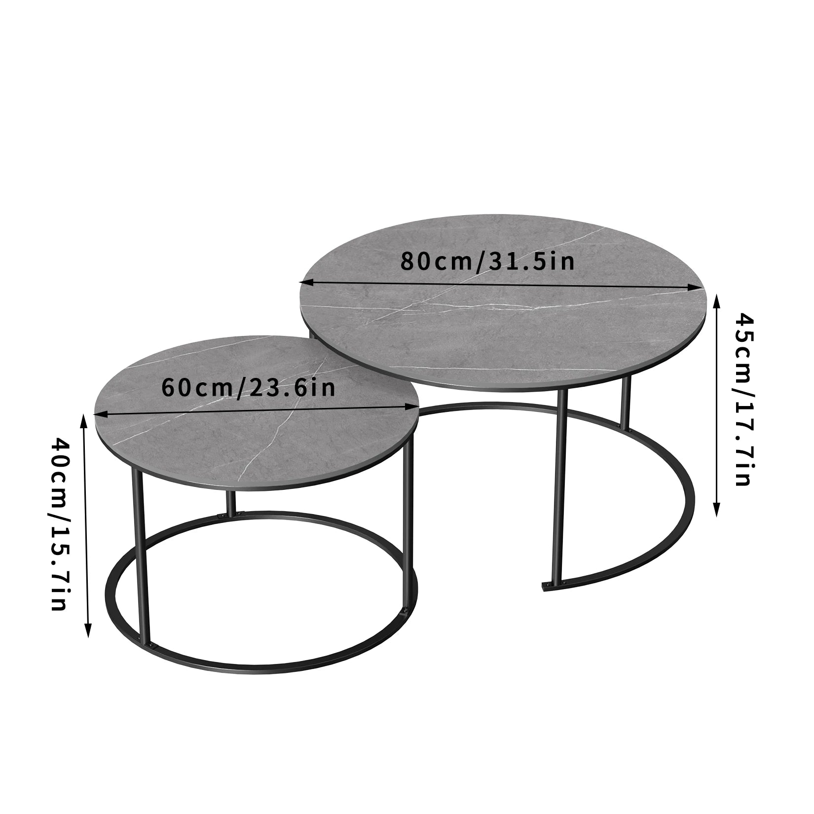 Contemporary Grey Marble Top Nesting Coffee Table Set with Sintered Stone and Metal Legs
