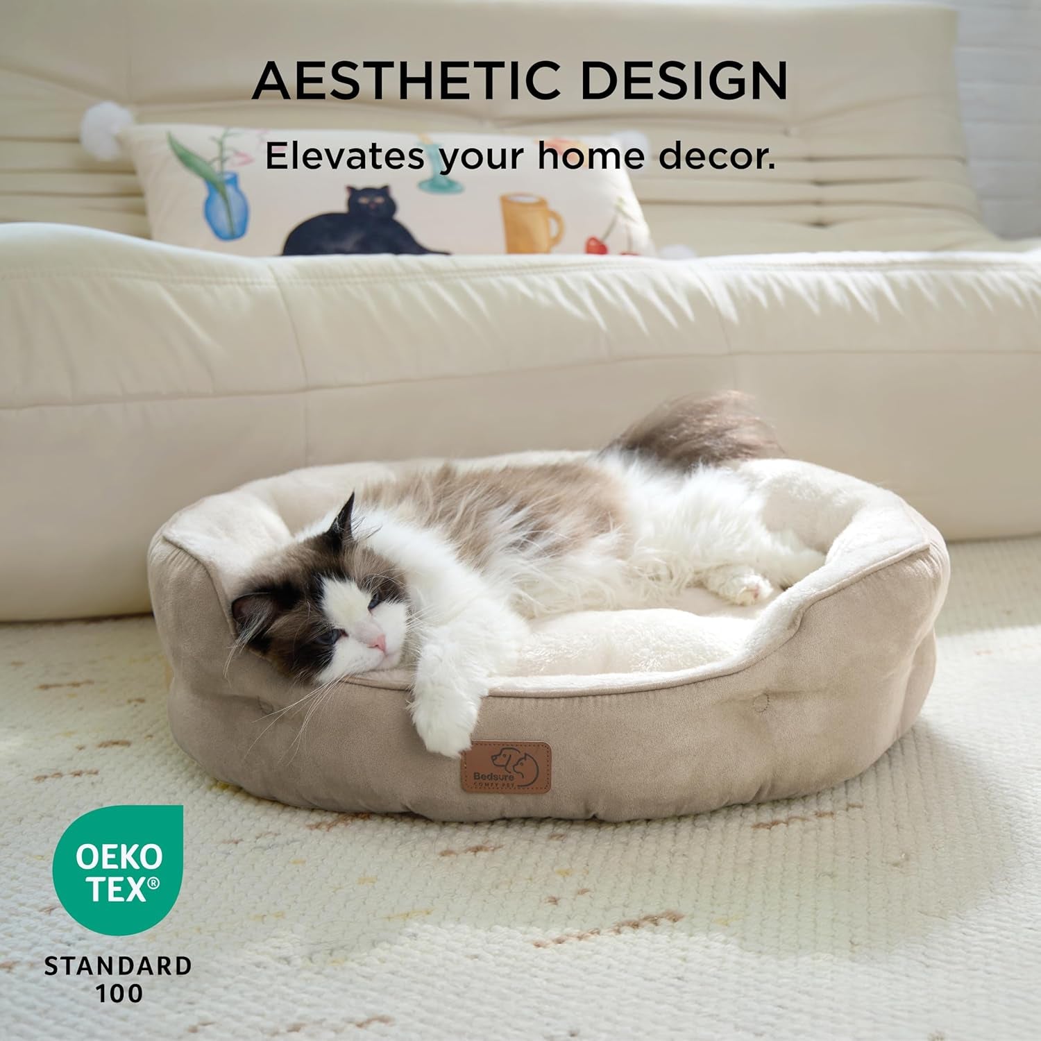 Small Dog Beds and Round Cat Beds for Indoor Use, Washable Pet Bed for Puppies and Kittens with Slip-Resistant Bottom, 20 Inches, Camel