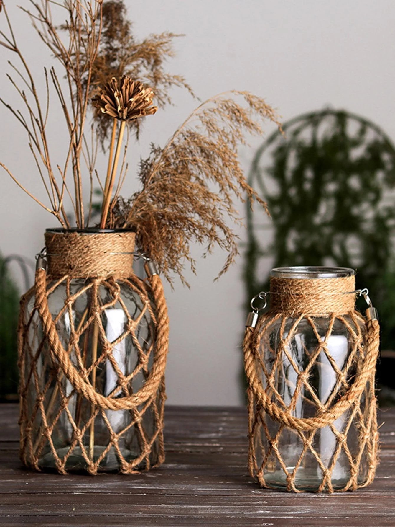Rustic Hanging Glass Vase with Hemp Rope Net for Dried Flowers - Elegant Transparent Home Decor for Living Room and Table Decoration