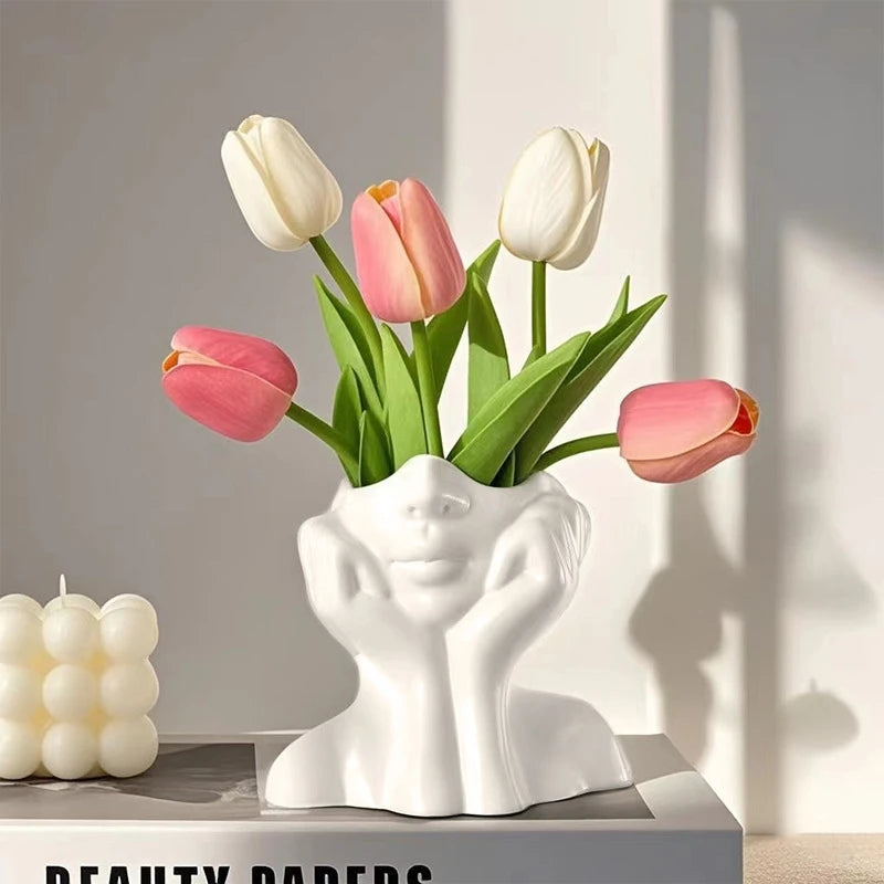 White Vinyl Face Vase - Modern Nordic Decorative Flower Vase for Home, Living Room, Office, and Bookshelf Decor
