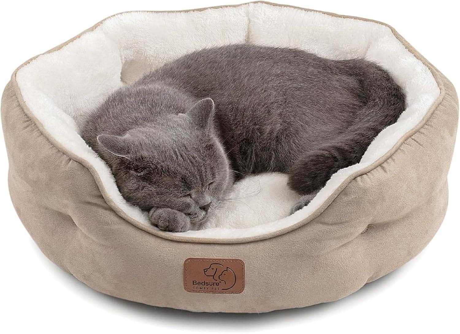 Small Dog Beds and Round Cat Beds for Indoor Use, Washable Pet Bed for Puppies and Kittens with Slip-Resistant Bottom, 20 Inches, Camel