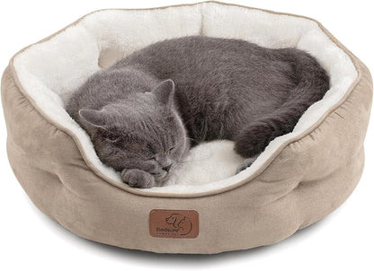 Small Dog Beds and Round Cat Beds for Indoor Use, Washable Pet Bed for Puppies and Kittens with Slip-Resistant Bottom, 20 Inches, Camel
