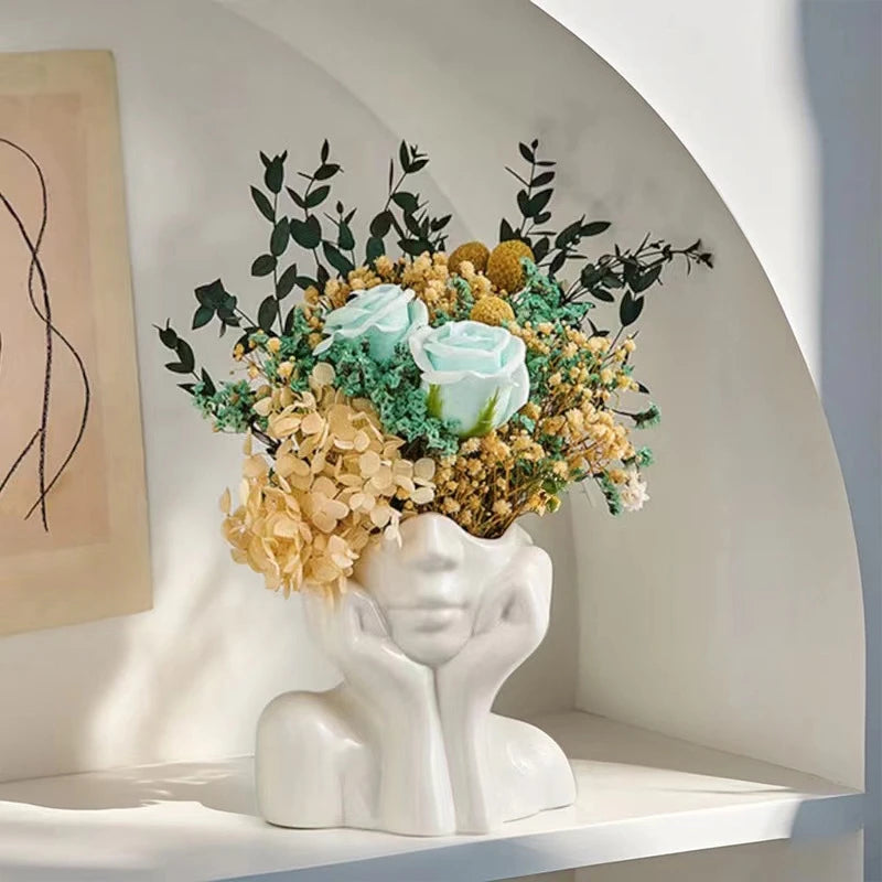 White Vinyl Face Vase - Modern Nordic Decorative Flower Vase for Home, Living Room, Office, and Bookshelf Decor