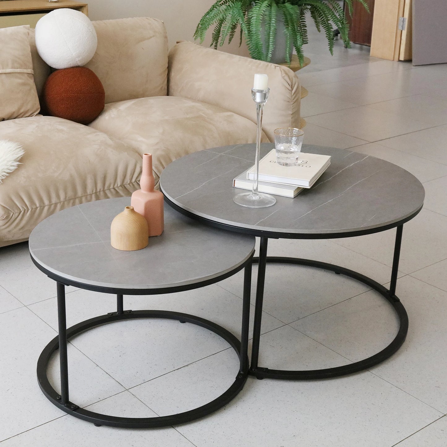 Contemporary Grey Marble Top Nesting Coffee Table Set with Sintered Stone and Metal Legs