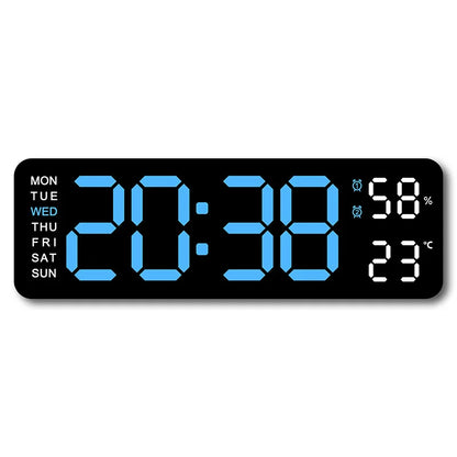USB-Powered 9-Inch Digital Wall Clock with Temperature and Humidity Display, Auto Dimmer, and Dual Alarm Functionality (12/24 Hour Format)