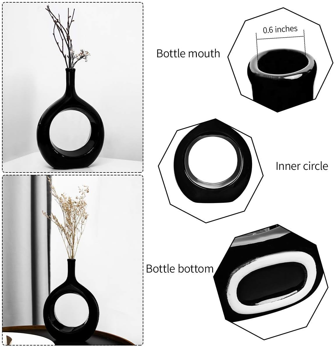 10-Inch Black Glossy Ceramic Vase - Contemporary Bottle Design for Living Room, Bedroom, and Kitchen Decor