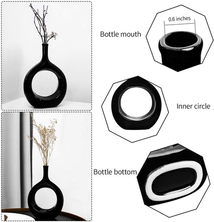 10-Inch Black Glossy Ceramic Vase - Contemporary Bottle Design for Living Room, Bedroom, and Kitchen Decor