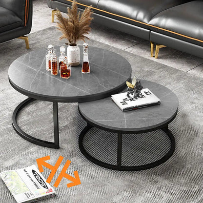 Contemporary Grey Marble Top Nesting Coffee Table Set with Sintered Stone and Metal Legs