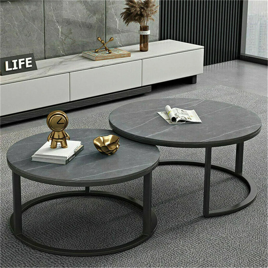 Contemporary Grey Marble Top Nesting Coffee Table Set with Sintered Stone and Metal Legs