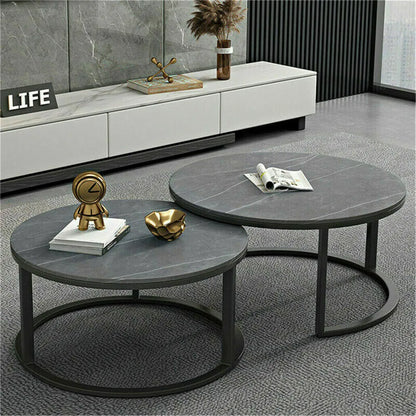 Contemporary Grey Marble Top Nesting Coffee Table Set with Sintered Stone and Metal Legs