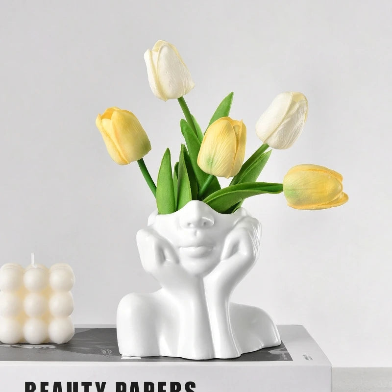 White Vinyl Face Vase - Modern Nordic Decorative Flower Vase for Home, Living Room, Office, and Bookshelf Decor