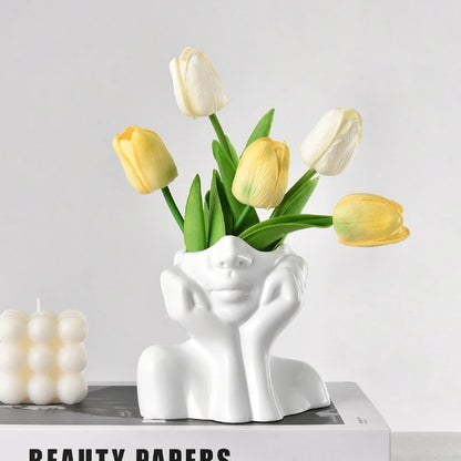 White Vinyl Face Vase - Modern Nordic Decorative Flower Vase for Home, Living Room, Office, and Bookshelf Decor
