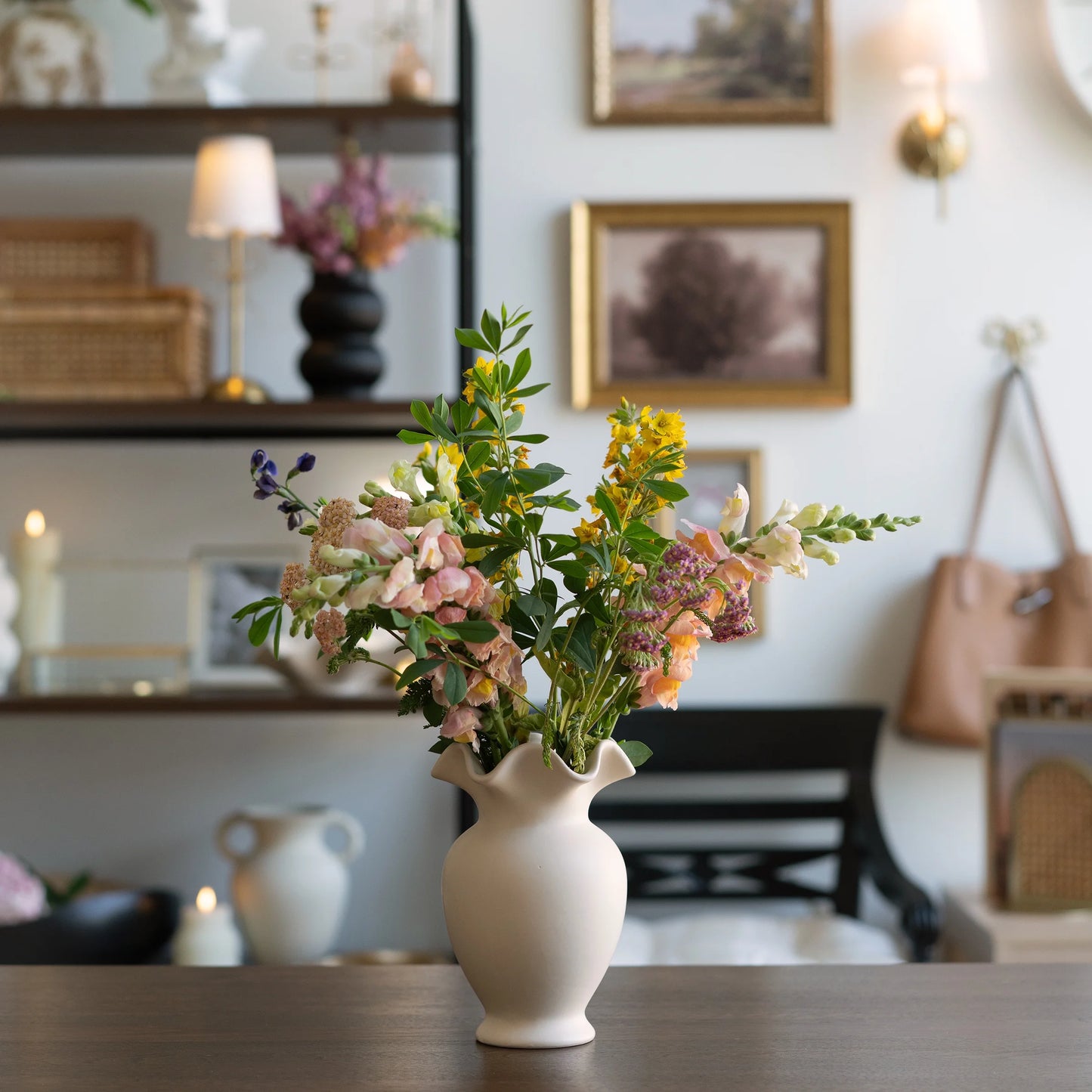 Home Ruffle Shaped Off-White Ceramic Indoor Tabletop Vase