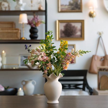 Home Ruffle Shaped Off-White Ceramic Indoor Tabletop Vase