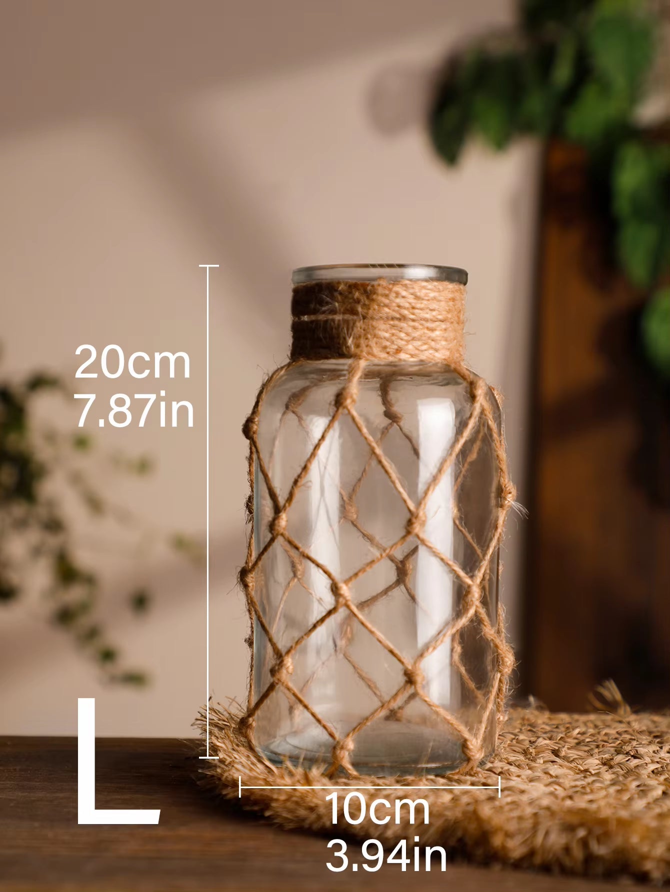 Rustic Hanging Glass Vase with Hemp Rope Net for Dried Flowers - Elegant Transparent Home Decor for Living Room and Table Decoration