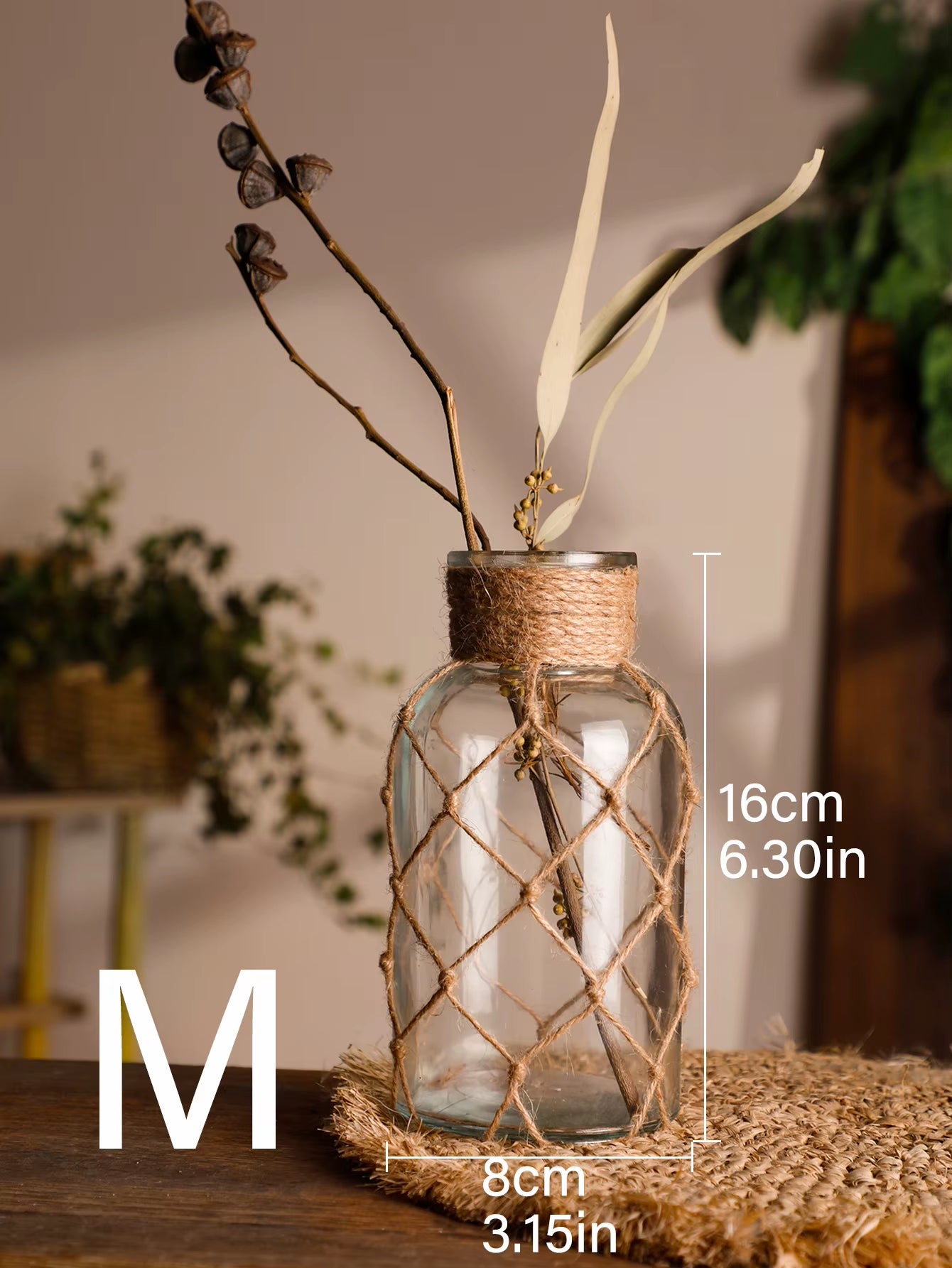 Rustic Hanging Glass Vase with Hemp Rope Net for Dried Flowers - Elegant Transparent Home Decor for Living Room and Table Decoration