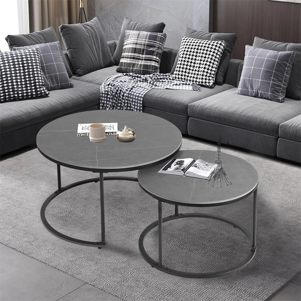 Contemporary Grey Marble Top Nesting Coffee Table Set with Sintered Stone and Metal Legs