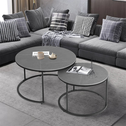 Contemporary Grey Marble Top Nesting Coffee Table Set with Sintered Stone and Metal Legs