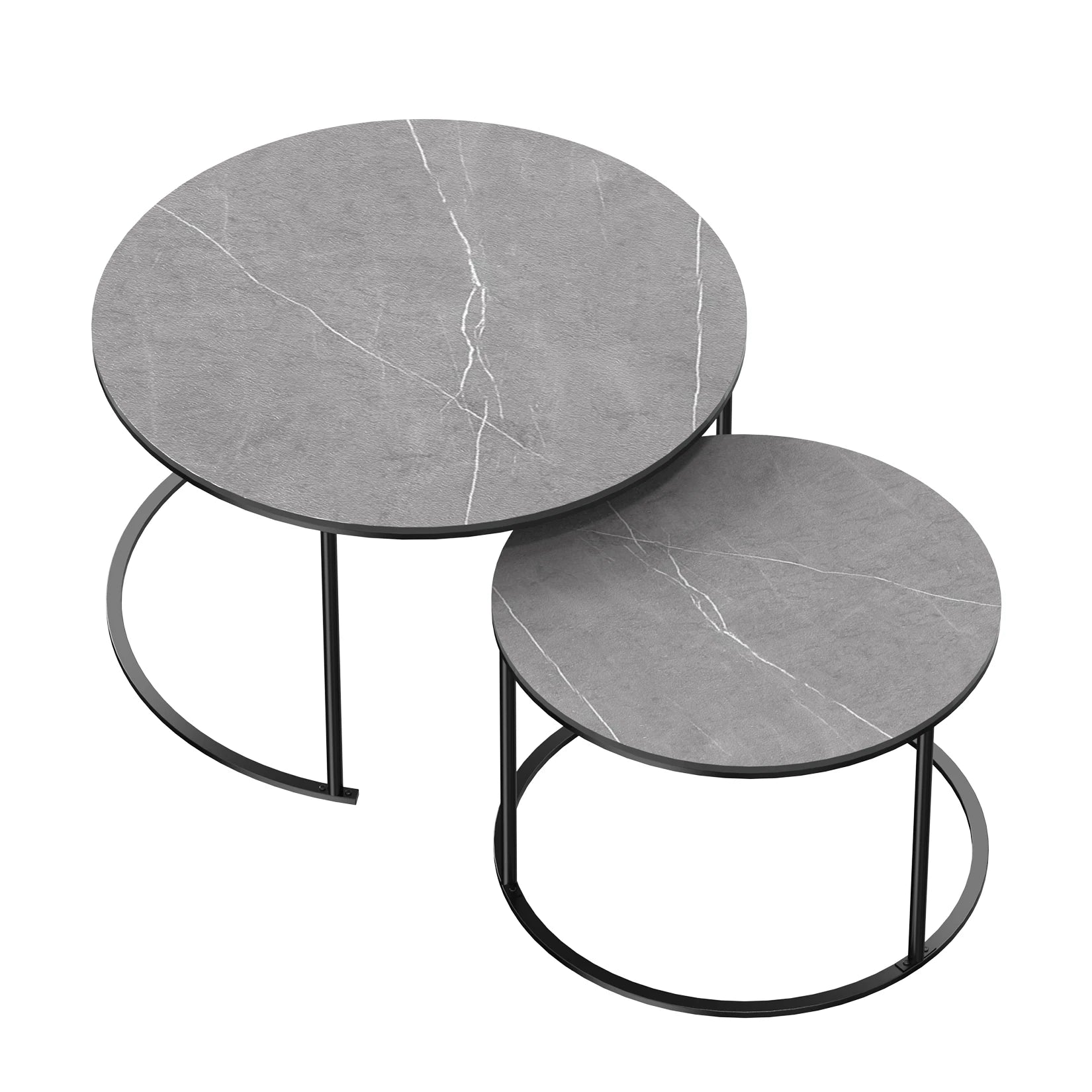 Contemporary Grey Marble Top Nesting Coffee Table Set with Sintered Stone and Metal Legs