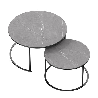 Contemporary Grey Marble Top Nesting Coffee Table Set with Sintered Stone and Metal Legs