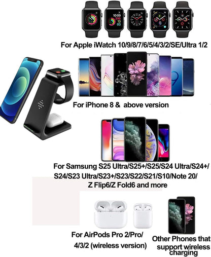 3-in-1 Fast Qi Wireless Charging Station Dock for Apple Watch, AirPods, and iPhone 16/15/14/13/12/11/X/8 - Ideal Gift for Men and Women