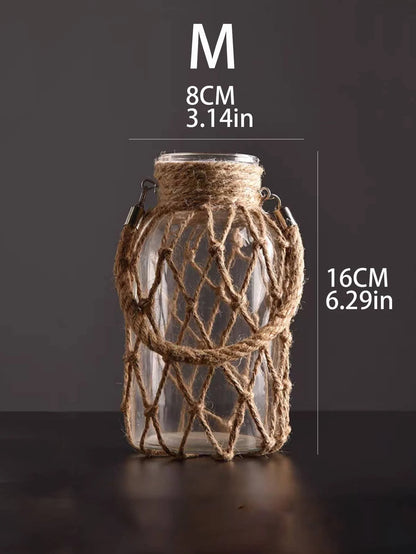 Rustic Hanging Glass Vase with Hemp Rope Net for Dried Flowers - Elegant Transparent Home Decor for Living Room and Table Decoration