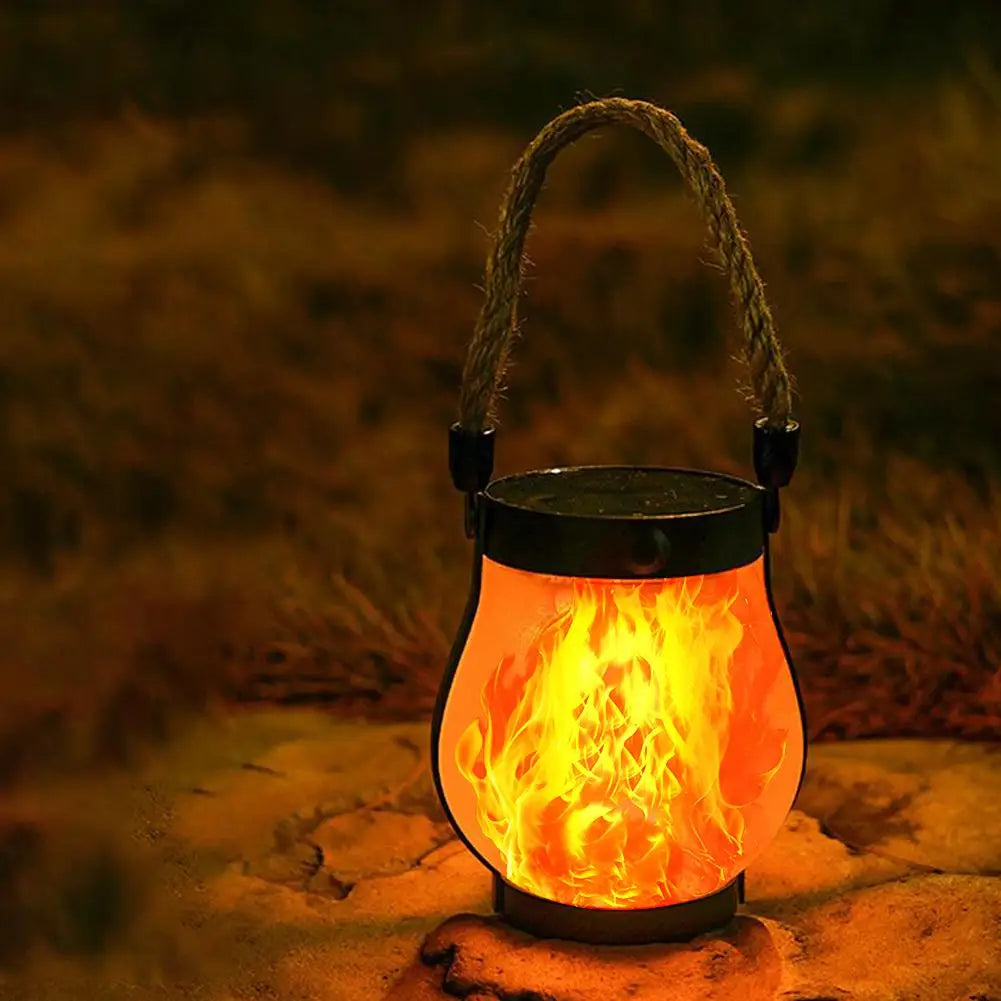 Rechargeable Solar Flame Lamp - Hanging Garden Lantern with Hemp Rope for Outdoor Decoration and Camping