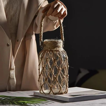 Rustic Hanging Glass Vase with Hemp Rope Net for Dried Flowers - Elegant Transparent Home Decor for Living Room and Table Decoration