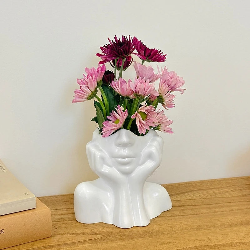 White Vinyl Face Vase - Modern Nordic Decorative Flower Vase for Home, Living Room, Office, and Bookshelf Decor
