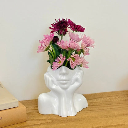 White Vinyl Face Vase - Modern Nordic Decorative Flower Vase for Home, Living Room, Office, and Bookshelf Decor