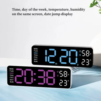 USB-Powered 9-Inch Digital Wall Clock with Temperature and Humidity Display, Auto Dimmer, and Dual Alarm Functionality (12/24 Hour Format)