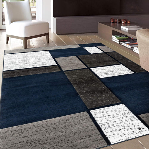 Modern Geometric Navy Area Rug, Fade-Resistant Carpet for Large Living Spaces, 10' x 14